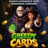 Greedy Cards: персонажи в пиратских шляпах, золотые монеты и зелёное свечение, надпись Rewards с кодом 22225555, яркий игровой постер