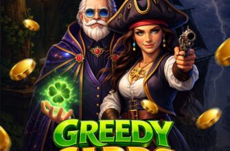 Greedy Cards: персонажи в пиратских шляпах, золотые монеты и зелёное свечение, надпись Rewards с кодом 22225555, яркий игровой постер