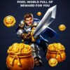 Пиксельный герой Pixel Adventure в синем доспехе с золотыми монетами, надписью про reward и кодом 22225555 на ретро-аркадном фоне