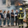 A realistic scene showing a group of fire victims standing in front of a damaged building in Stachek, receiving assistance and compensation from officials. The background features smoke and remnants of the fire, while the victims appear relieved and hopeful. The atmosphere is somber yet hopeful, focusing on human compassion and support after the disaster.