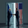 A symbolic diplomatic scene showing a Russian official and an American official standing on opposite sides of a large, partially closed door. The Russian side features the Russian flag, the American side the US flag. Between them, a broken handshake or a shattered glass barrier symbolizes the halted dialogue on strategic stability. In the background, faint silhouettes of nuclear missile silhouettes and a world map hint at strategic weapons, but no explicit weapons are shown. The atmosphere is tense yet dignified, with muted colors and realistic lighting.
