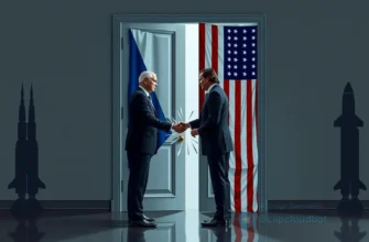 A symbolic diplomatic scene showing a Russian official and an American official standing on opposite sides of a large, partially closed door. The Russian side features the Russian flag, the American side the US flag. Between them, a broken handshake or a shattered glass barrier symbolizes the halted dialogue on strategic stability. In the background, faint silhouettes of nuclear missile silhouettes and a world map hint at strategic weapons, but no explicit weapons are shown. The atmosphere is tense yet dignified, with muted colors and realistic lighting.
