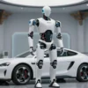 A futuristic, sleek humanoid robot standing in a high-tech laboratory, partially transformed into a vehicle-like form, with Chinese architectural elements in the background and subtle hints of the Chinese flag colors, emphasizing advanced technology and innovation, no text or logos