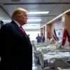 Donald Trump standing in a modern hospital corridor, looking away while Iranian patients in hospital beds with bandages are visible, the atmosphere is tense and somber, focus on Trump's indifferent posture and the suffering patients