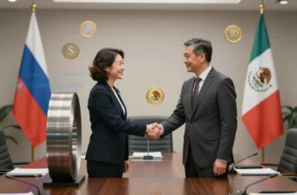 A diplomatic scene showing representatives from Russia and Mexico shaking hands over a large steel coil, with the Russian and Mexican flags subtly displayed in the background, and symbols of alternative currencies or digital tokens floating nearby, emphasizing a partnership to bypass the US dollar in steel transactions. The setting is a modern conference hall with a sleek, professional atmosphere, no visible text or logos.