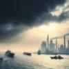 A dramatic scene showing the Strait of Hormuz with several large oil tankers halted or turned away, a naval blockade presence with warships and barriers, and in the background a stylized silhouette of European industrial factories and smokestacks under a cloudy sky, illustrating the impact of the blockade on EU industry without any text or logos.
