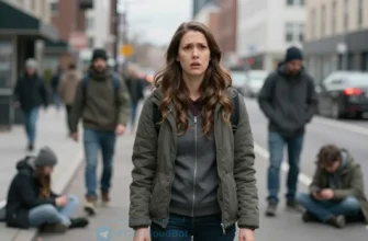A woman standing in a city street with homeless people around, showing a shocked expression, subtle tension, no explicit violence