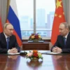 Two world leaders, a Russian president and a Chinese premier, seated at a polished mahogany table in a formal conference room in Beijing. The setting includes subtle national flags in the background, a large window overlooking the city skyline, and a tasteful arrangement of diplomatic gifts. The atmosphere is dignified and professional, with both leaders engaged in a serious discussion, their expressions focused and respectful.
