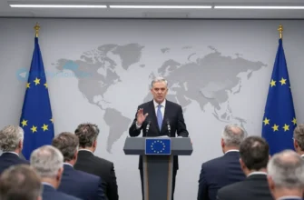 A US Secretary of Defense standing at a podium in a press conference, speaking about plans to adjust US military presence in Europe. The backdrop features a subtle European flag motif and a world map highlighting European regions. The scene includes a small group of European leaders in the foreground, listening attentively. The setting is a modern, well-lit conference room with a neutral color palette, no visible weapons or military equipment, and no text or logos on the podium or background.