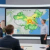 A group of weather forecasters in a studio, one pointing at a large screen displaying a detailed weather map of the Smolensk region, with the Smolensk city skyline visible through a window in the background. The scene conveys a professional, informative atmosphere without any on-screen text or labels.