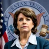 A realistic portrait of Francesca Albanese, a middle-aged woman with determined expression, standing in front of a subtle backdrop of the United States flag and a stylized representation of a sanction seal, with symbolic elements like a gavel and a broken chain, all rendered in a sophisticated, high-detail composition without any visible text or lettering.