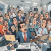 A humorous cartoon illustration of a chaotic newsroom: reporters with exaggerated expressions juggling microphones, cameras, and flying newspapers, a TV screen showing a surprised anchor, a cat typing on a laptop, and a coffee mug spilling, all in a lively, exaggerated style without any text or symbols