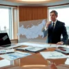 A modern, sleek office interior representing the Russian Ministry of Finance, with a large window showing a subtle outline of the Kremlin in the background. On a polished desk lie open financial reports, charts, and a laptop displaying graphs, but without any visible text or numbers. A professional figure in a business suit is thoughtfully reviewing the documents, gesturing toward a transparent holographic projection of the Russian flag and a stylized budget diagram floating in the air. The atmosphere is bright, organized, and conveys the concept of adjusting national budget parameters.