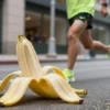 A runner in bright athletic gear, mid-stride on a city street, with a giant banana peel in front of them, about to slip