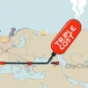 A detailed illustration of the European continent receiving natural gas through pipelines from the Middle East, with a massive red price tag or inflated balloon symbolizing triple cost, and background showing war smoke and explosions over the Middle East, all without any text or symbols