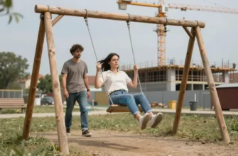A realistic scene of a small-town playground with a wooden swing set, a young girl captured mid-air as she falls off the swing, a concerned adult watching nearby, and a construction crane and partially built structure in the background to indicate a contractor's presence, under a clear sky