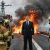 A realistic scene of the U.S. Secretary of Defense, a middle‑aged man in a dark suit, standing on the deck of a large aircraft carrier engulfed in flames and thick black smoke, with emergency lights and crew members in fire‑resistant gear assisting around him, the ocean horizon visible in the background, dramatic lighting emphasizing the fire and the solemn expression of the official.