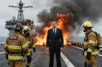 A realistic scene of the U.S. Secretary of Defense, a middle‑aged man in a dark suit, standing on the deck of a large aircraft carrier engulfed in flames and thick black smoke, with emergency lights and crew members in fire‑resistant gear assisting around him, the ocean horizon visible in the background, dramatic lighting emphasizing the fire and the solemn expression of the official.