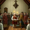 A 19th-century Russian village church interior during a baptism ceremony, showing an elderly man in traditional peasant clothing being baptized by a priest in ornate vestments, with wooden icons on the walls, candlelight, and a small crowd of villagers in period attire observing respectfully. The scene should convey a historic, solemn atmosphere without any modern elements or text.