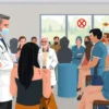 A group of about 130 people in a medical clinic waiting area, some with visible tick bites on their arms and legs, being attended by a doctor in a white coat who is examining a patient and showing a tick removed from skin; background shows a subtle hint of a forest or meadow visible through a window, conveying the context of tick exposure; the scene is realistic and detailed, focusing on the concern and care without any text or signage.