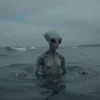 A melancholic alien creature from the Atlantic, with a somber expression and translucent, sea‑like skin, emerging from the water and drifting into the Sea of Azov. The scene is a dim, overcast seascape with gentle waves, a muted gray‑blue sky, and distant shoreline silhouettes. The alien floats gracefully, surrounded by subtle ripples, conveying a sense of loneliness and mystery. No human figures or ships are present, focusing solely on the alien and the atmospheric sea environment.