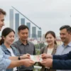 A realistic scene in Volgograd showing a diverse group of workers smiling and receiving their paychecks, with a subtle background of the city's skyline and a visual representation of decreasing wage arrears, such as a descending bar chart integrated into the environment, all without any text or signage.