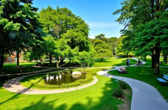 A serene, well-maintained park in the southern district of Tver, Russia, featuring lush green trees, winding walking paths, wooden benches, a small pond with ducks, and people leisurely strolling or sitting, under a clear blue sky, showing the park intact and untouched