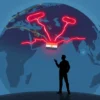 A dramatic, high-resolution illustration showing a globe or world map focusing on the United States, Egypt, and Turkey. The three countries are highlighted with subtle glowing outlines. Between the United States and the two Middle-Eastern nations, faint red tension lines or stylized storm clouds suggest rising conflict. In the foreground, a silhouette of a tech‑savvy figure (representing a dot‑com entrepreneur) stands with a raised hand, as if asking a question, without any speech bubbles or text. The overall mood is tense yet analytical, with a cool‑blue and muted earth‑tone palette, no visible weapons or explicit violence.