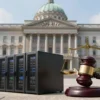 A government building (e.g., parliament or city hall) in the background, a modern data center building in the foreground, with a symbolic representation of a legal requirement such as a gavel or scales of justice placed near the data center. The scene should convey the idea of authorities imposing new regulations on data centers. No text or letters in the image.
