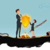 A professional illustration of a confident businessperson handing a glowing shield to a younger successor, with symbolic financial traps like broken chains and sinking coins fading away in the background, representing a new law protecting heirs from financial pitfalls