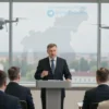 A serious news scene showing a regional governor standing at a podium in a modern indoor press conference setting, gesturing as he warns about the danger of Ukrainian UAVs over the Tula region. In the background, a large transparent map of the Tula area is displayed, with faint silhouettes of small drones flying above the cityscape. The atmosphere is tense but professional, with attentive journalists and a subtle hint of the city skyline through large windows. No text or signage is visible.