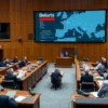 A realistic scene inside a parliamentary chamber resembling the Ukrainian Rada, with attentive politicians seated at desks, some holding documents, a large map of Eastern Europe displayed on a screen showing Belarus and Ukraine, subtle tension indicated by serious expressions, no visible weapons, no text or symbols on the map, muted lighting emphasizing a serious discussion about security risks