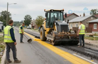 A realistic depiction of a road repair scene in a small Russian town, showing construction workers in bright vests, heavy machinery like a bulldozer and a road paver, a partially paved stretch with a clear lane marked by yellow paint, and a backdrop of modest residential buildings. The scene should convey activity and progress after a recent inspection, with no signage or text visible.
