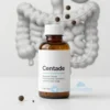 A sleek, modern bottle of a digestive cleanse product, placed on a clean white surface, with a subtle illustration of a human digestive tract in the background. Tiny nanoplastic particles are shown being filtered out or dissolving, indicating the product's cleaning effect. The scene is clean, professional, and conveys health and purity.