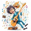 A humorous illustration showing a guitarist in a quirky situation: the guitarist is playing an oversized, comically tangled electric guitar while surrounded by floating musical notes, a surprised cat perched on the amplifier, and a broken string snapping mid-air. The scene is bright, cartoonish, and full of exaggerated expressions, capturing the playful spirit of jokes about guitarists.