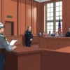 A solemn courtroom interior with a judge seated at the bench, a police officer in uniform standing respectfully beside a table, and a solemn audience of people in the background. The atmosphere is serious and dignified, with natural lighting from tall windows, wooden paneling, and subtle shadows emphasizing the gravity of the legal proceedings. No visible weapons, no text, no symbols, and no overtly graphic elements.