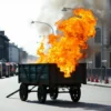 A dramatic scene of a construction wagon (small metal cart used on a building site) engulfed in flames, with smoke rising, set on a street in the Russian city of Tver. The background shows typical urban architecture of Tver, such as brick buildings and street lamps, under a clear sky. The fire is vivid, with orange and yellow flames licking the wagon, and the surrounding area shows signs of emergency response like fire trucks parked nearby, but no people are visible.