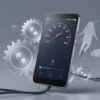 A detailed illustration of a modern Android smartphone surrounded by semi-transparent mechanical gears and a speedometer indicating slow performance. Around the phone, subtle visual metaphors for hidden slowdown causes appear: ghostly silhouettes of background apps, tangled cables representing bloatware, and faint clouds of data traffic. The scene is dynamic yet clear, focusing on the concept of hidden factors slowing down Android devices, without any textual elements.