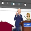 A realistic depiction of a political debate stage with a male figure resembling Joe Biden at a podium, showing an unusual, slightly exaggerated gesture or expression (e.g., a surprised look, a quirky hand movement) while a female figure resembling his wife watches attentively from the audience. The background includes typical debate lighting, microphones, and a neutral audience, without any visible text, logos, or signage.