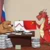 A symbolic scene showing a weary Russian bear sitting at a large wooden desk with a tired expression, surrounded by stacks of paperwork and a declining economic graph, while a confident Chinese dragon stands opposite, pointing at the graph with a thoughtful gesture; the background features a muted office setting with subtle hints of both Russian and Chinese flags blended into the decor, emphasizing a diplomatic economic discussion without any text or symbols