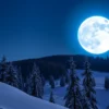 A luminous blue moon hanging low in a clear night sky over a serene Russian winter landscape, with snow-covered pine forests and gentle hills, soft stars twinkling around the moon, creating a calm and magical atmosphere