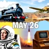 A vibrant collage illustrating several notable events that occurred on May 26 throughout history: a 19th‑century steam locomotive representing the opening of the first railway line, a classic World War II fighter plane soaring above a battlefield, a vintage astronaut helmet and a rocket launch symbolizing the first spacewalk, a portrait of a famous writer holding a quill, and an early computer with punch cards, all blended together in a seamless, dynamic composition without any textual elements