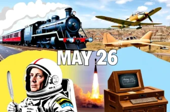 A vibrant collage illustrating several notable events that occurred on May 26 throughout history: a 19th‑century steam locomotive representing the opening of the first railway line, a classic World War II fighter plane soaring above a battlefield, a vintage astronaut helmet and a rocket launch symbolizing the first spacewalk, a portrait of a famous writer holding a quill, and an early computer with punch cards, all blended together in a seamless, dynamic composition without any textual elements
