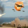 A dramatic scene of a coastal city with a clear sky over Sevastopol, showing anti-aircraft missile launchers firing and four small unmanned aerial vehicles (drones) exploding in mid-air, with smoke and debris, the sea and city skyline in the background, realistic lighting and perspective