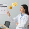 A confident female expert in a modern office setting, gesturing toward a wall calendar turned to June, with two symbolic pension icons such as stacked gold coins or pension cards floating nearby, indicating the concept of receiving two pensions. The scene should convey professionalism and clarity without any textual elements.