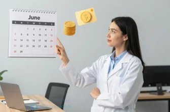 A confident female expert in a modern office setting, gesturing toward a wall calendar turned to June, with two symbolic pension icons such as stacked gold coins or pension cards floating nearby, indicating the concept of receiving two pensions. The scene should convey professionalism and clarity without any textual elements.