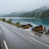 A scenic landscape showing a rural road in the Khabarovsk Krai region that has been washed out by recent rain, with water flowing over and eroding the road surface. In the background, the Upper Blue Lakes are visible, their clear blue water reflecting the sky and surrounding forested hills. The scene is misty and atmospheric, emphasizing the impact of heavy precipitation on the road and the natural beauty of the lakes.
