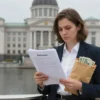 A woman in her late 30s, dressed in modest business attire, standing in front of a modern courthouse in Makhachkala, holding a stack of legal documents and a small envelope of money, with a subtle backdrop of the city skyline and a calm river, conveying a sense of relief and responsibility.