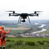 A dramatic scene showing a small unmanned aerial vehicle (drone) flying low over the countryside of the Ulyanovsk region, with rolling fields, a river, and a distant town. In the foreground, emergency responders in bright orange uniforms and a rescue vehicle are looking up, pointing toward the drone. The sky is overcast, conveying tension and urgency, without any text or signage.