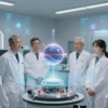 A futuristic high-tech laboratory interior where a team of diverse scientists in lab coats are observing a glowing, levitating core device that emits subtle gravitational field lines, with holographic visualizations of space-time curvature surrounding it; background includes advanced equipment and a subtle hint of Chinese scientific achievement without any text or logos
